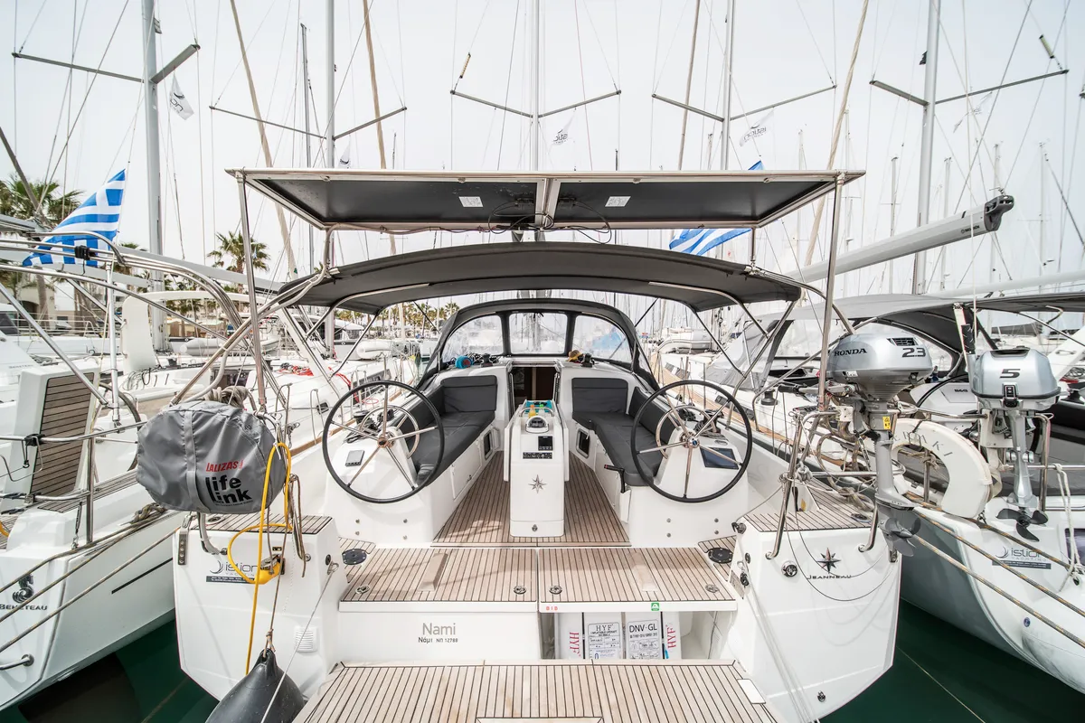 Cockpit of Nami, a Jeanneau Sun Odyssey 410 sailboat at Kos, Greece