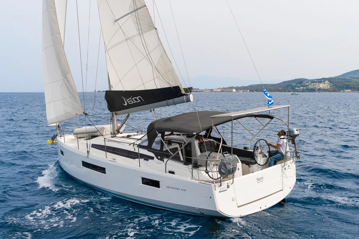 Exterior view of Nami, a Jeanneau Sun Odyssey 410 sailboat at Kos, Greece