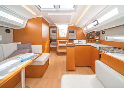 Salon of Nami, a Jeanneau Sun Odyssey 410 sailboat at Kos, Greece