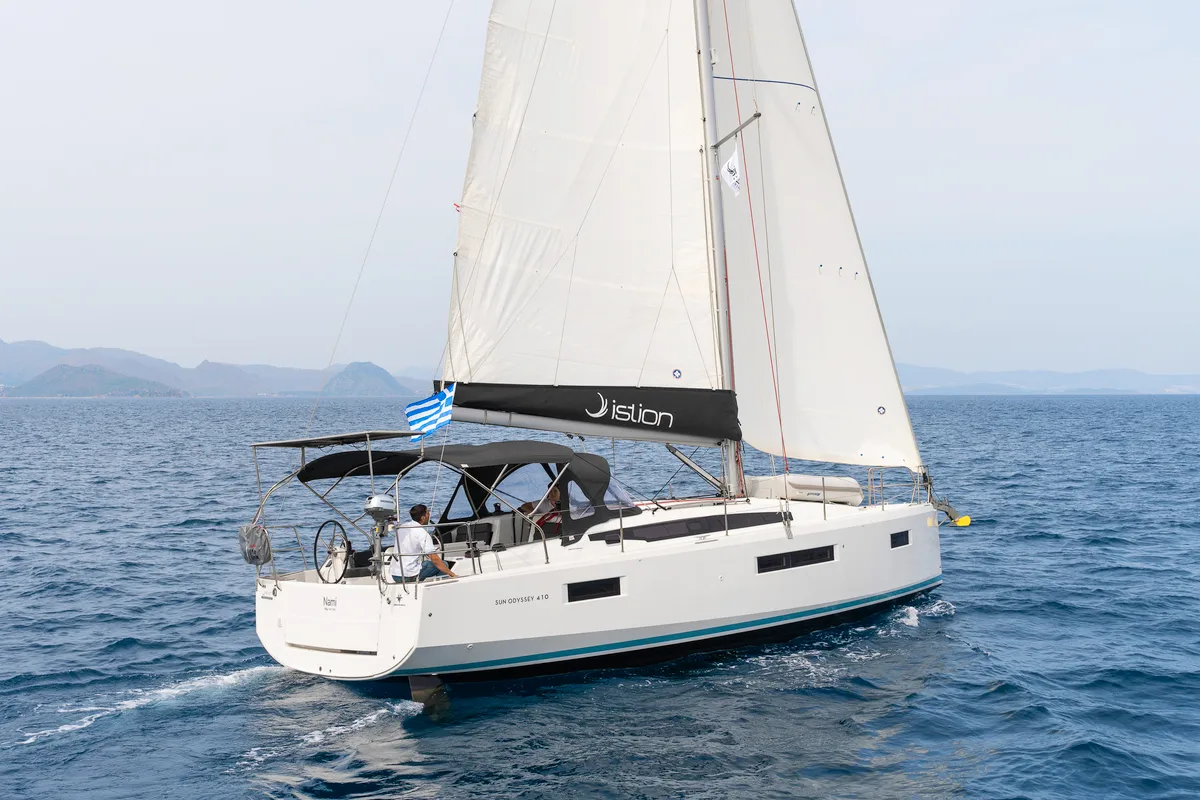 Exterior view of Nami, a Jeanneau Sun Odyssey 410 sailboat at Kos, Greece