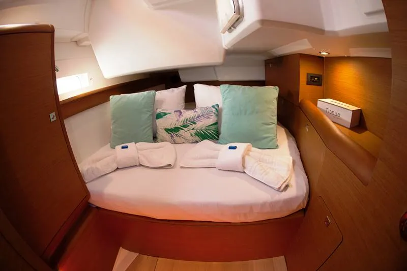 Cabin on Mayflower, a Jeanneau Sun Odyssey 519 sailboat at Benitses, Greece