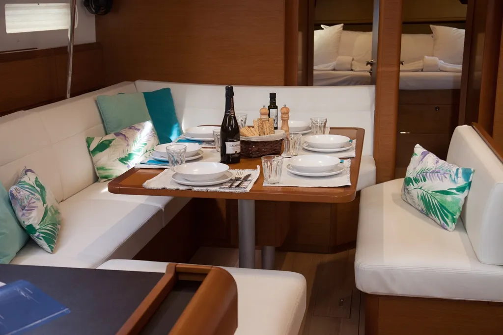 Salon of Mayflower, a Jeanneau Sun Odyssey 519 sailboat at Benitses, Greece