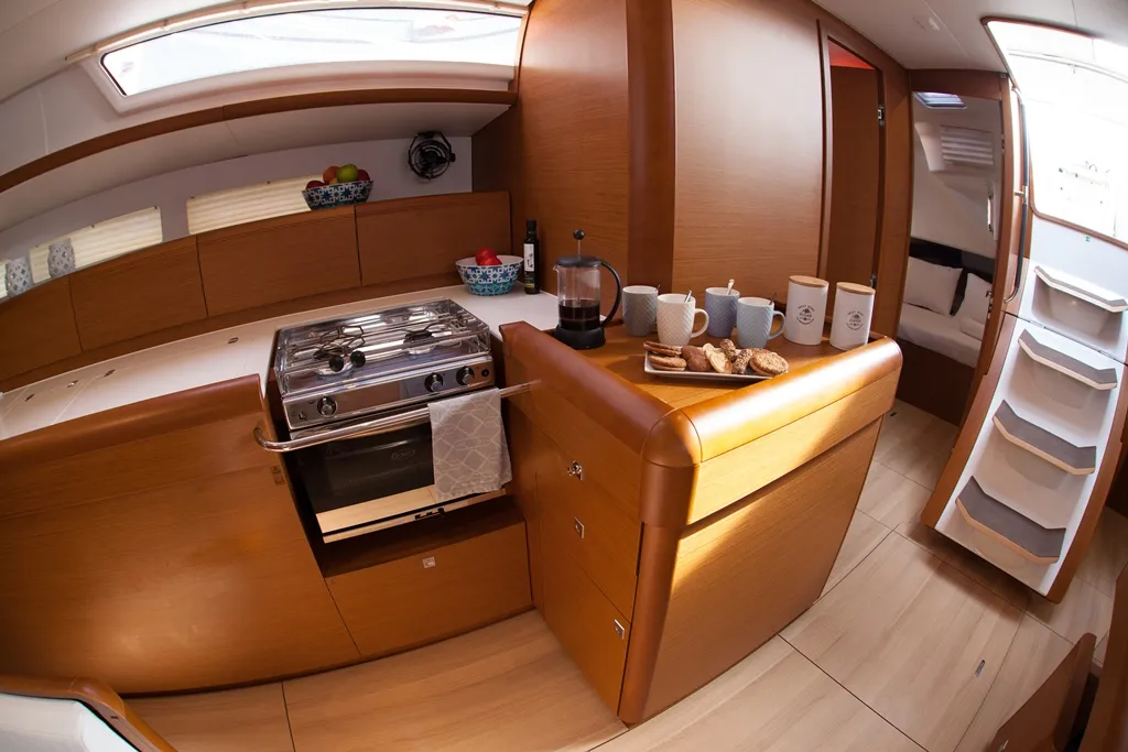 Galley of Mayflower, a Jeanneau Sun Odyssey 519 sailboat at Benitses, Greece