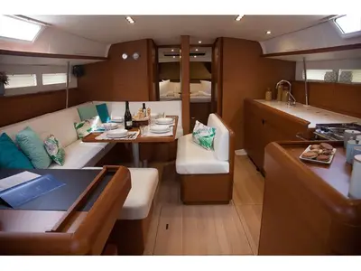 Salon of Mayflower, a Jeanneau Sun Odyssey 519 sailboat at Benitses, Greece