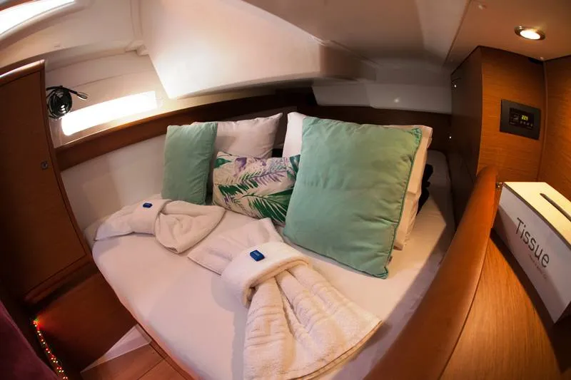 Cabin on Mayflower, a Jeanneau Sun Odyssey 519 sailboat at Benitses, Greece
