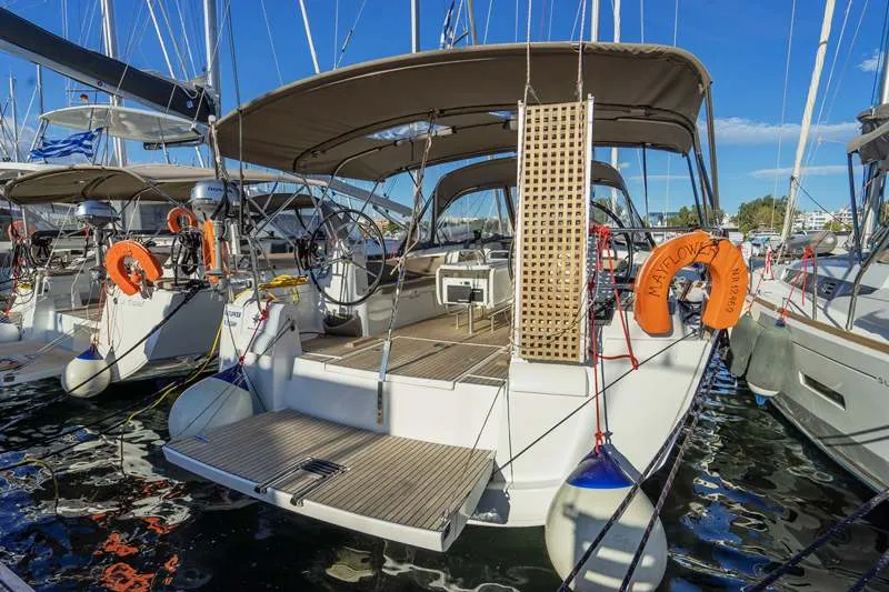 Exterior view of Mayflower, a Jeanneau Sun Odyssey 519 sailboat at Benitses, Greece