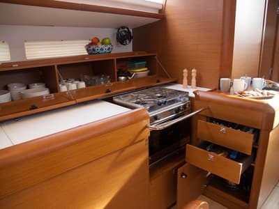 Galley of Mayflower, a Jeanneau Sun Odyssey 519 sailboat at Benitses, Greece