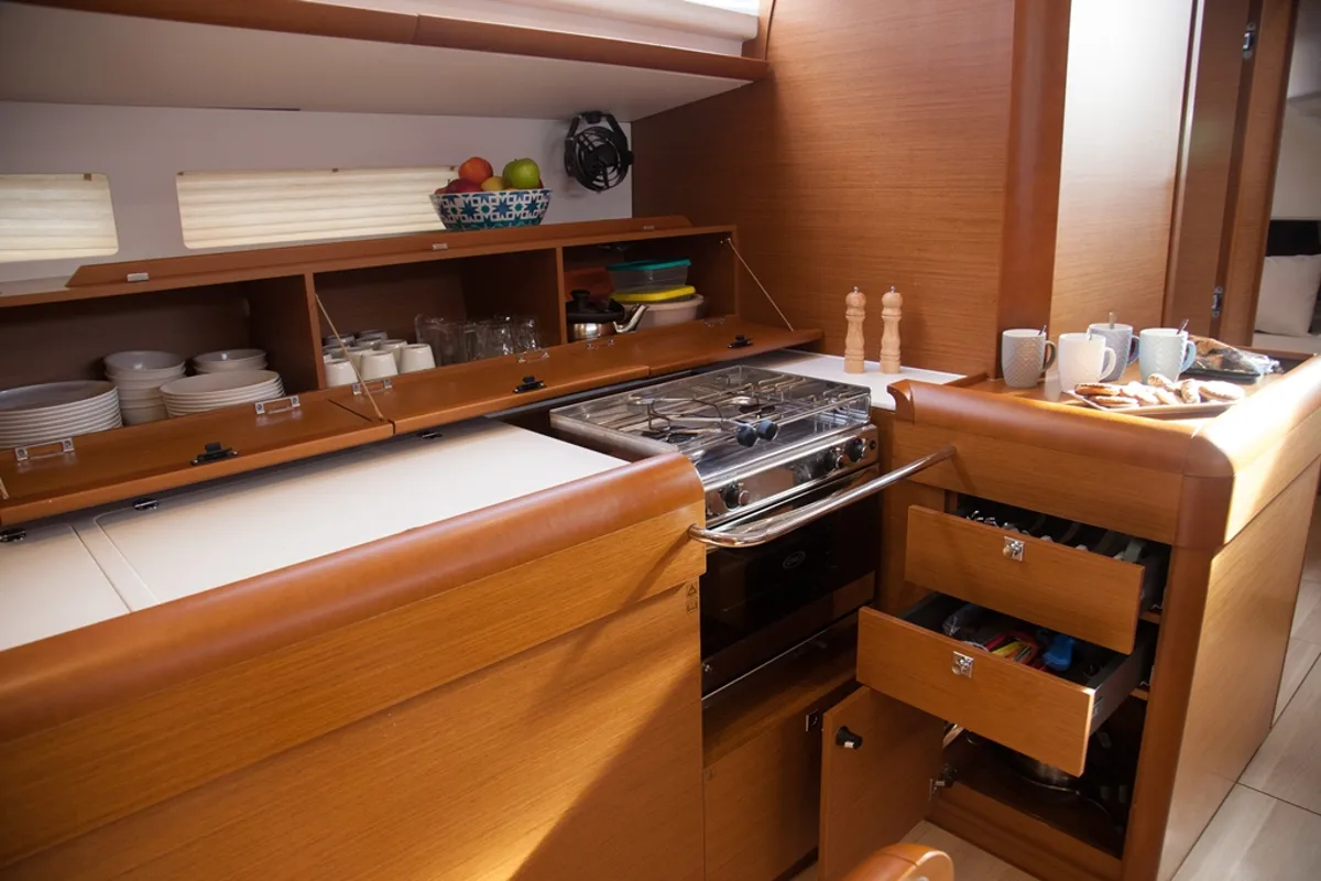Galley of Mayflower, a Jeanneau Sun Odyssey 519 sailboat at Benitses, Greece