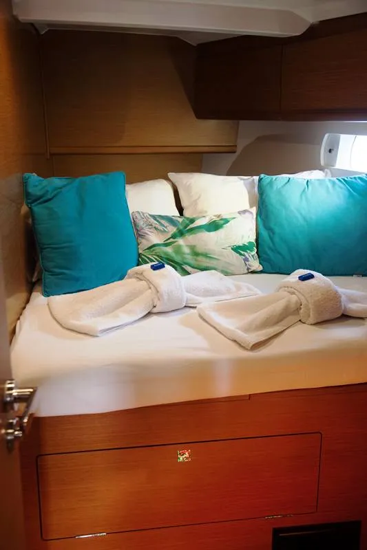 Cabin on Mayflower, a Jeanneau Sun Odyssey 519 sailboat at Benitses, Greece