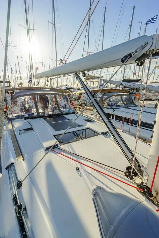 Deck of Mayflower, a Jeanneau Sun Odyssey 519 sailboat at Benitses, Greece