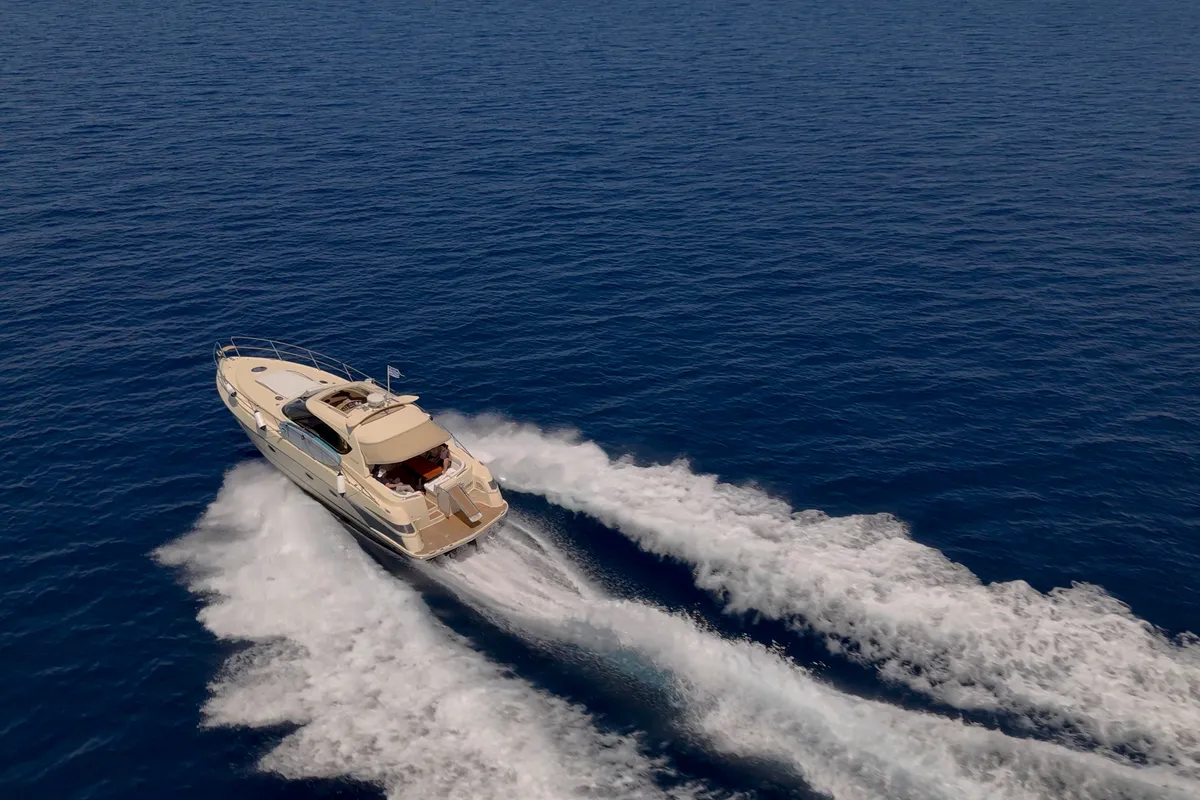 Exterior view of Jianos, a Elan Power 42 motorboat at Pallini Municipal Unit, Greece
