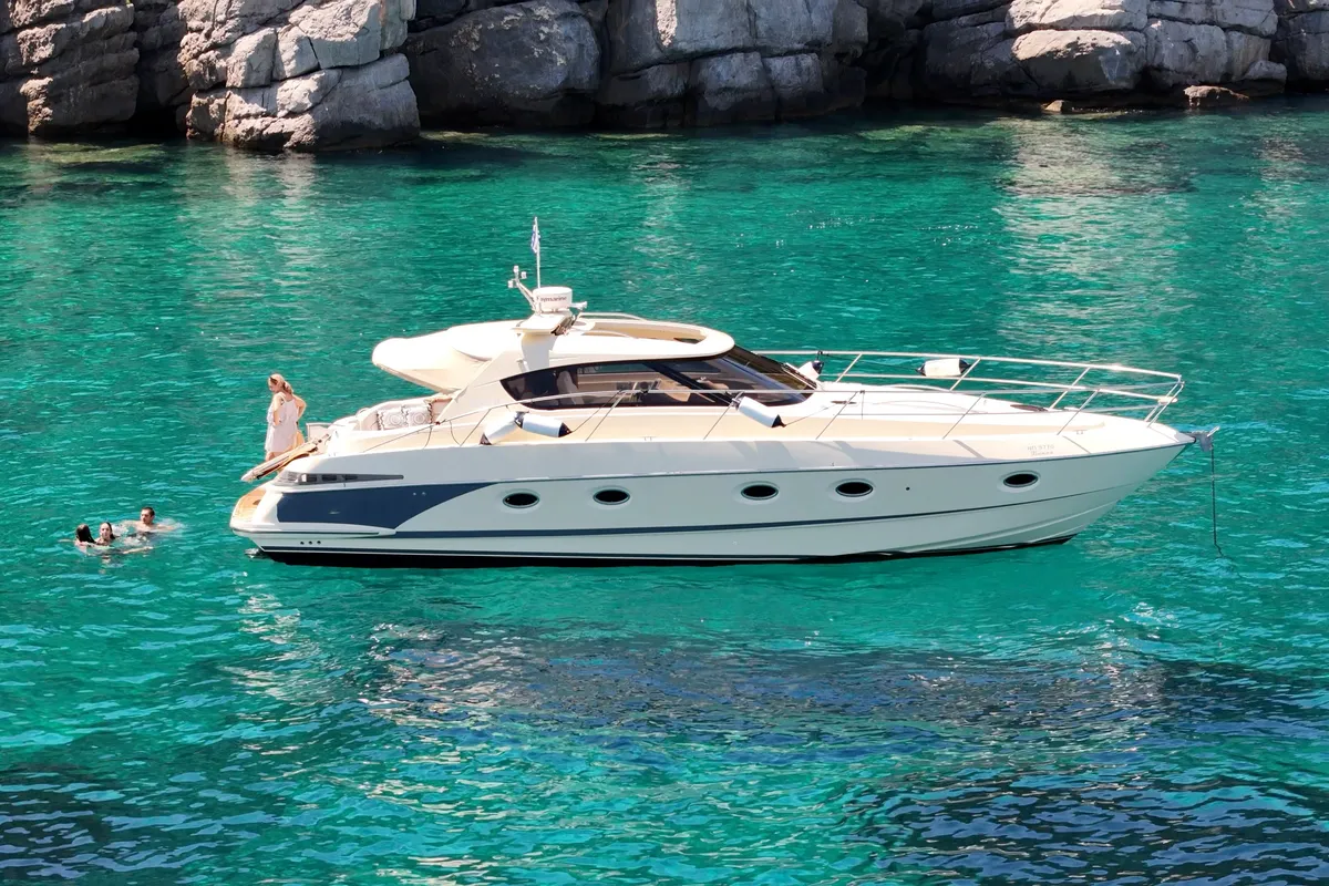 Exterior view of Jianos, a Elan Power 42 motorboat at Pallini Municipal Unit, Greece