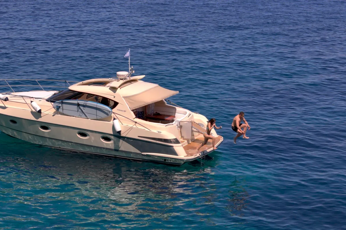 Exterior view of Jianos, a Elan Power 42 motorboat at Pallini Municipal Unit, Greece