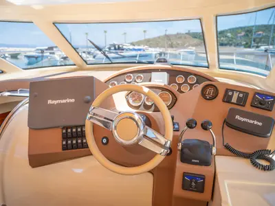 Cockpit of Jianos, a Elan Power 42 motorboat at Pallini Municipal Unit, Greece
