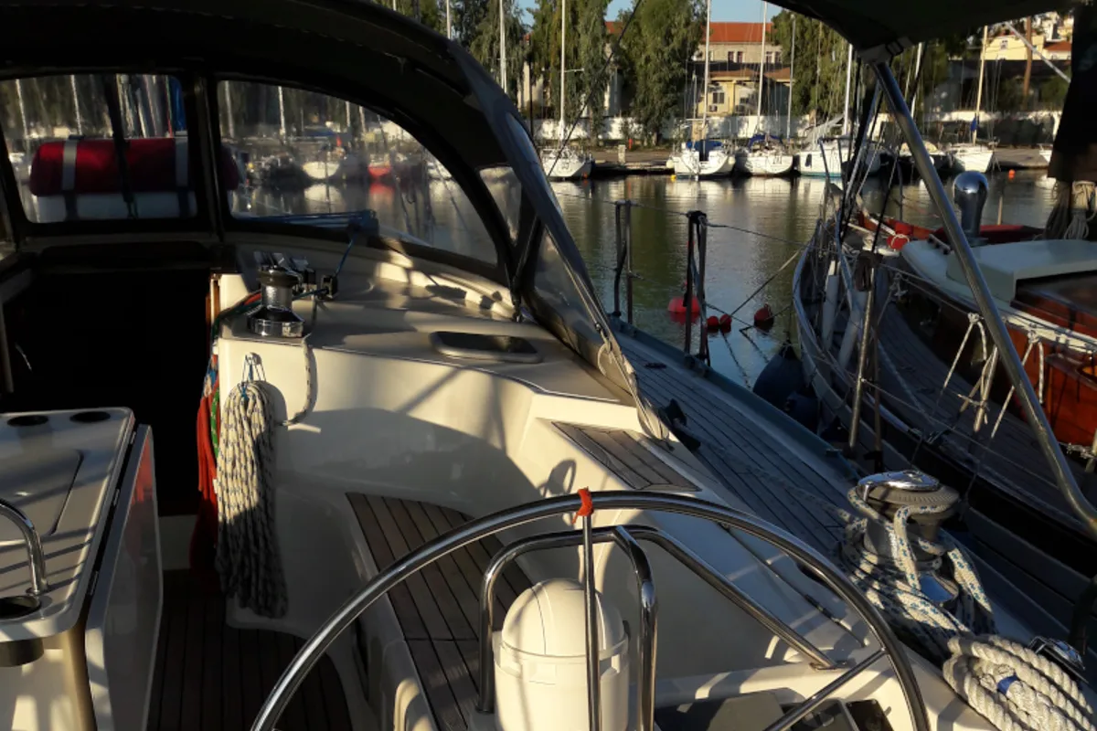 Cockpit of Jacosta, a Alfa 51 sailboat at Parikia, Greece