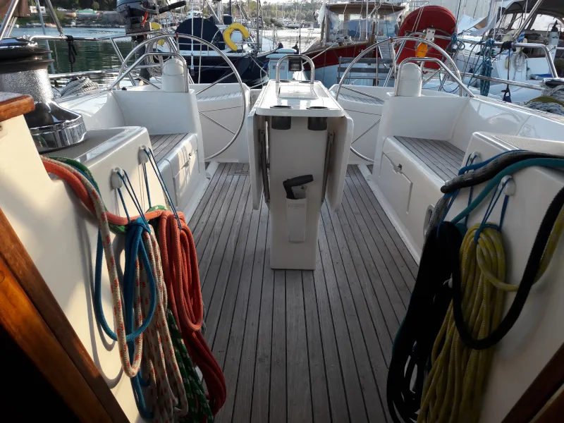 Cockpit of Jacosta, a Alfa 51 sailboat at Parikia, Greece