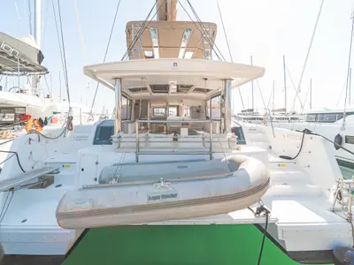 Deck of Laguana, a Bali 4.8 catamaran at Kontokali, Greece