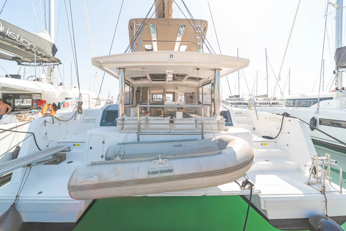 Deck of Laguana, a Bali 4.8 catamaran at Kontokali, Greece