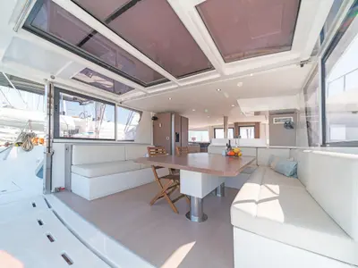 Salon of Laguana, a Bali 4.8 catamaran at Kontokali, Greece