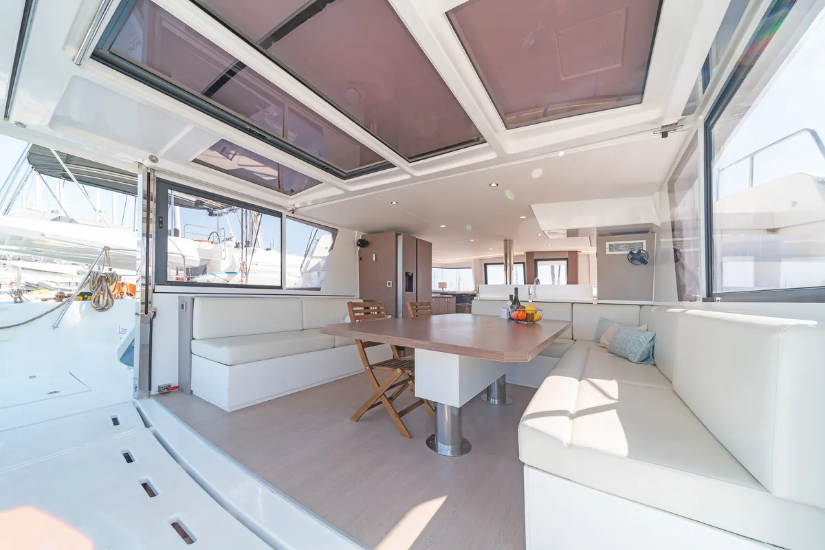 Salon of Laguana, a Bali 4.8 catamaran at Kontokali, Greece