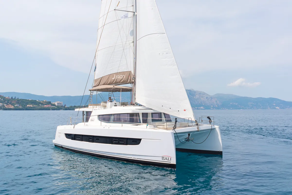 Deck of Laguana, a Bali 4.8 catamaran at Kontokali, Greece