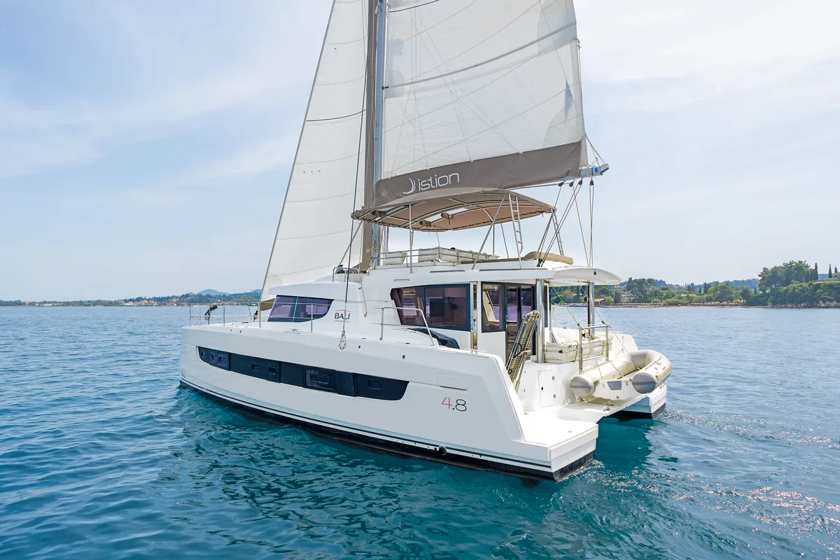 Exterior view of Laguana, a Bali 4.8 catamaran at Kontokali, Greece