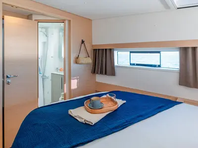 Cabin on ISABELLA, a Fountaine Pajot FP 44 catamaran at Athens, Greece