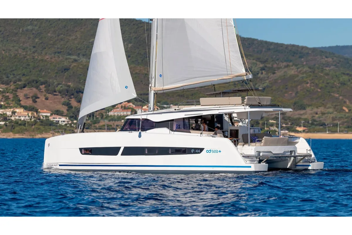 Exterior view of ISABELLA, a Fountaine Pajot FP 44 catamaran at Athens, Greece
