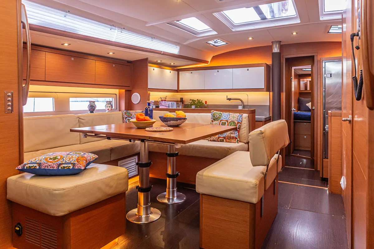 Salon of Wish Planet, a Dufour 530 sailboat at Palermo, Italy