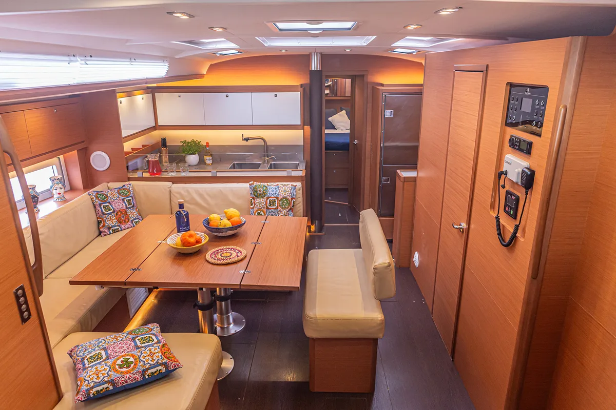 Deck of Wish Planet, a Dufour 530 sailboat at Palermo, Italy