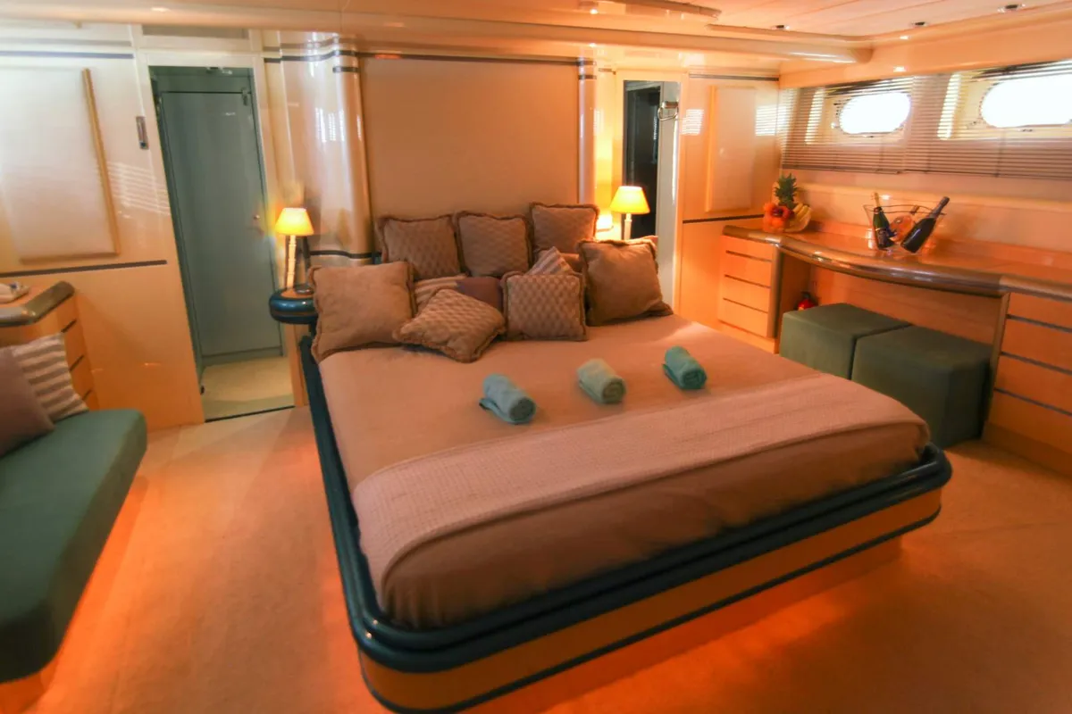 Cabin on Superphantom, a Gulet Superphantom 85 Fly motor yacht at Mykonos, Greece