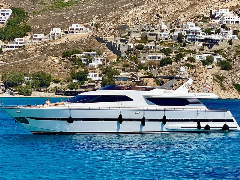 Exterior view of Superphantom, a Gulet Superphantom 85 Fly motor yacht at Mykonos, Greece