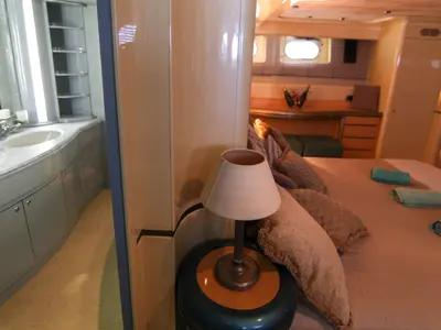 Cabin on Superphantom, a Gulet Superphantom 85 Fly motor yacht at Mykonos, Greece