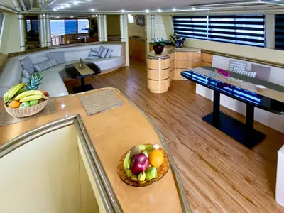 Salon of Superphantom, a Gulet Superphantom 85 Fly motor yacht at Mykonos, Greece