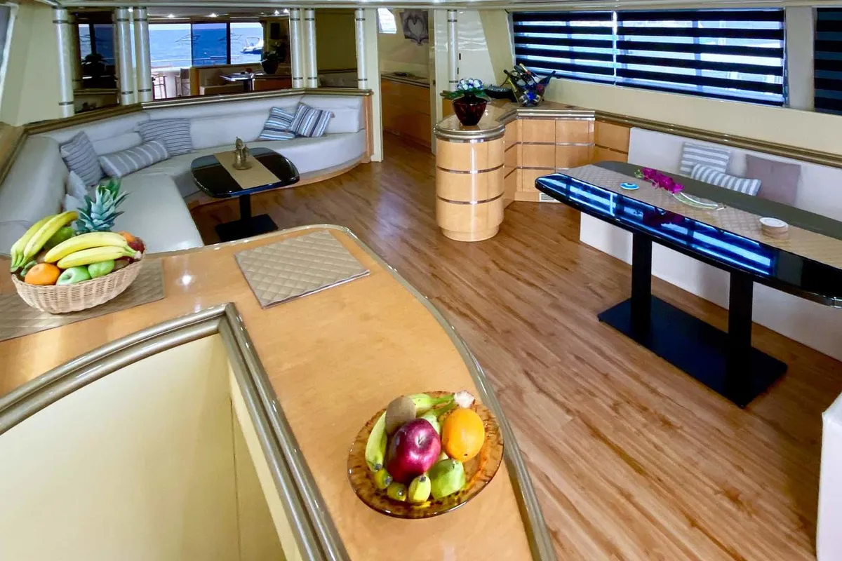 Salon of Superphantom, a Gulet Superphantom 85 Fly motor yacht at Mykonos, Greece