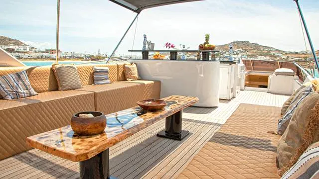 Deck of Superphantom, a Gulet Superphantom 85 Fly motor yacht at Mykonos, Greece