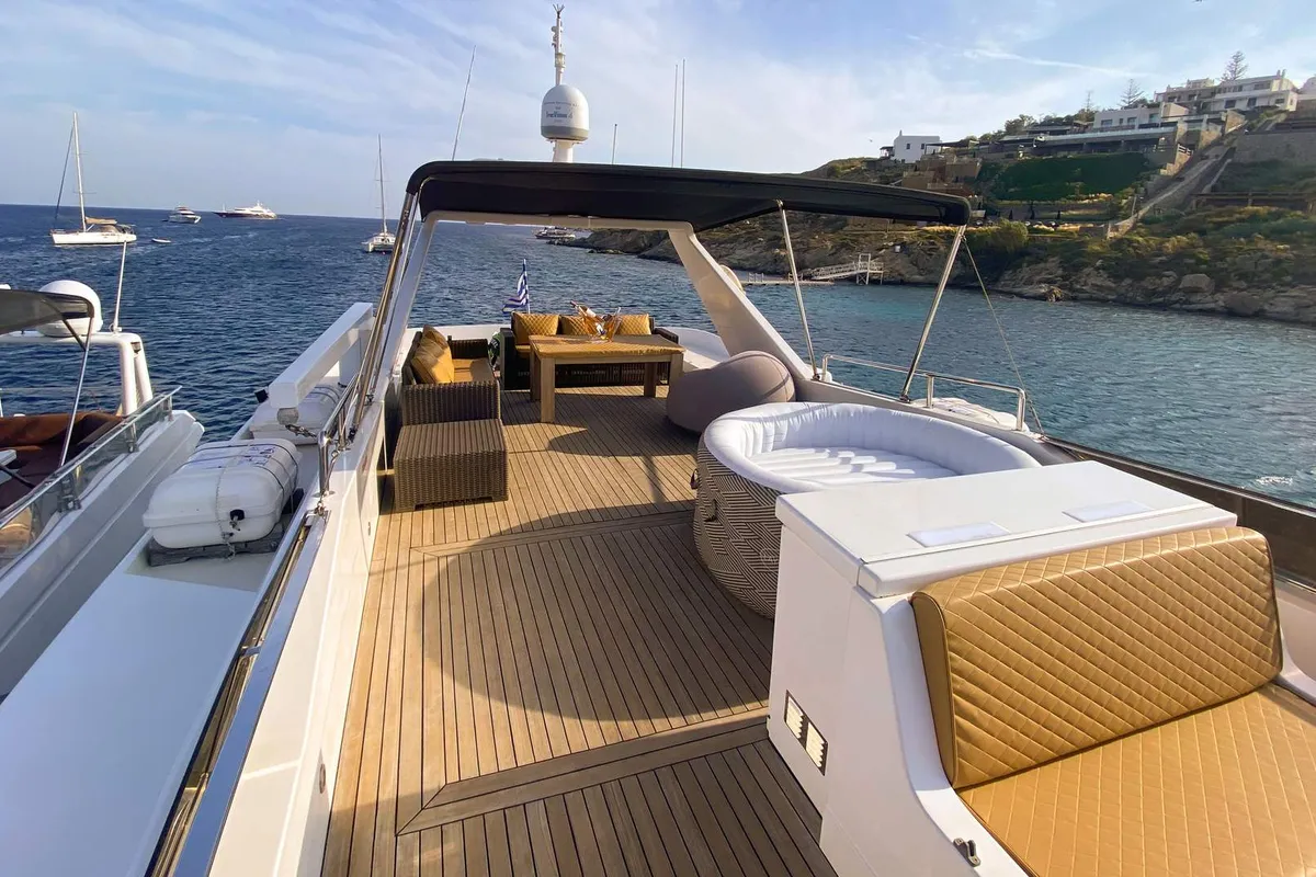 Deck of Superphantom, a Gulet Superphantom 85 Fly motor yacht at Mykonos, Greece