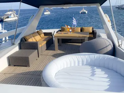 Deck of Superphantom, a Gulet Superphantom 85 Fly motor yacht at Mykonos, Greece
