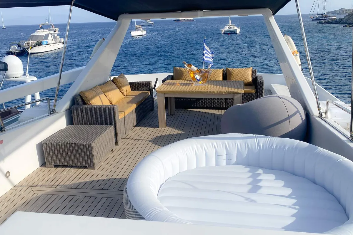 Deck of Superphantom, a Gulet Superphantom 85 Fly motor yacht at Mykonos, Greece