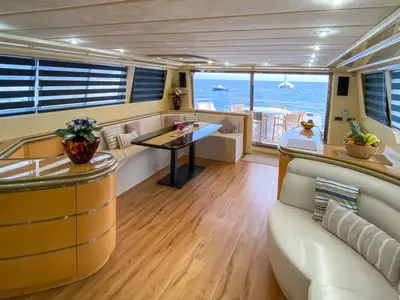 Salon of Superphantom, a Gulet Superphantom 85 Fly motor yacht at Mykonos, Greece