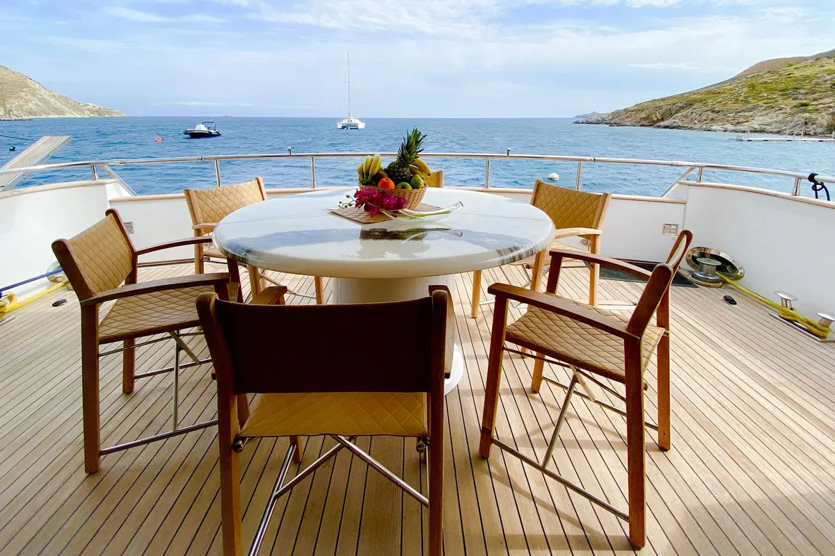 Deck of Superphantom, a Gulet Superphantom 85 Fly motor yacht at Mykonos, Greece