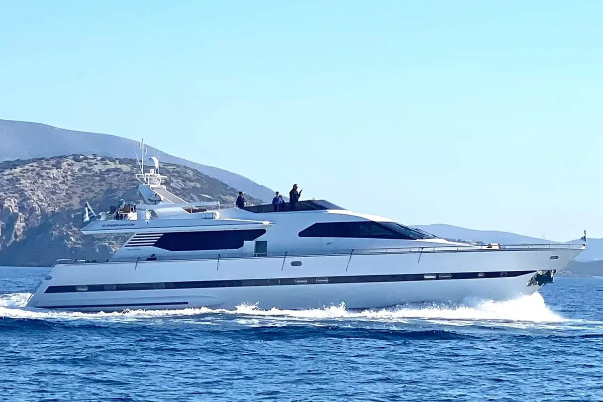 Exterior view of Superphantom, a Gulet Superphantom 85 Fly motor yacht at Mykonos, Greece