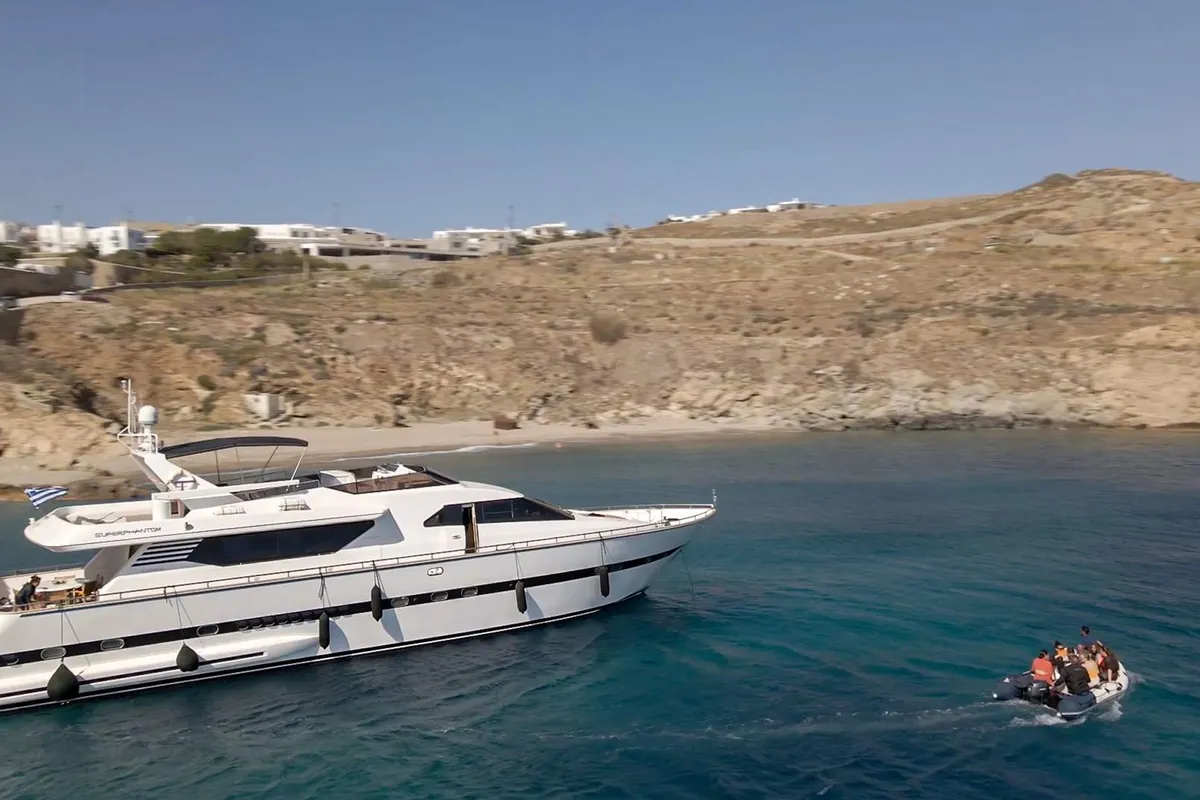 Exterior view of Superphantom, a Gulet Superphantom 85 Fly motor yacht at Mykonos, Greece