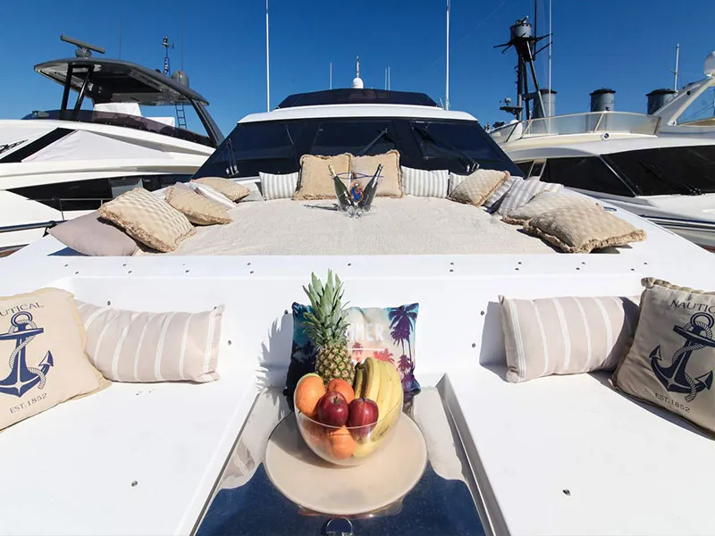 Deck of Superphantom, a Gulet Superphantom 85 Fly motor yacht at Mykonos, Greece