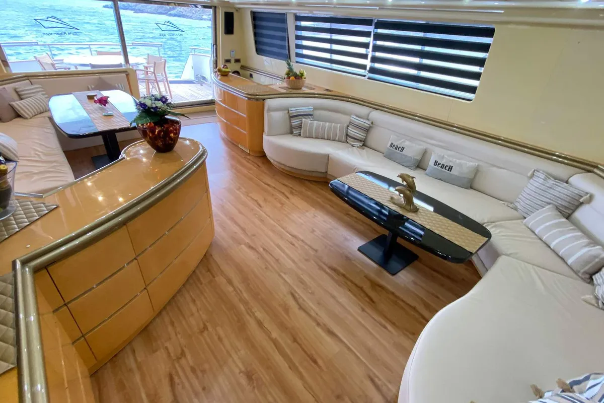 Salon of Superphantom, a Gulet Superphantom 85 Fly motor yacht at Mykonos, Greece