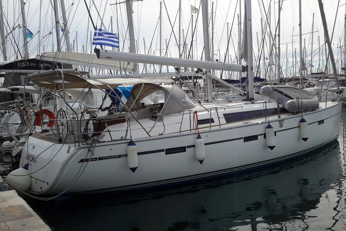Exterior view of Aurora, a Bavaria Cruiser 46 sailboat at Athens, Greece