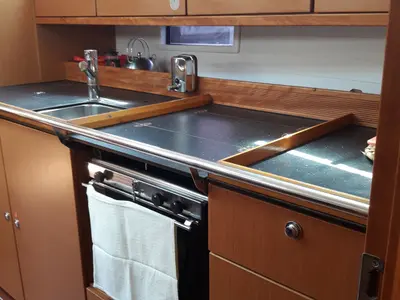 Galley of Canenas, a Bavaria 40 Cruiser S sailboat at Sami, Greece