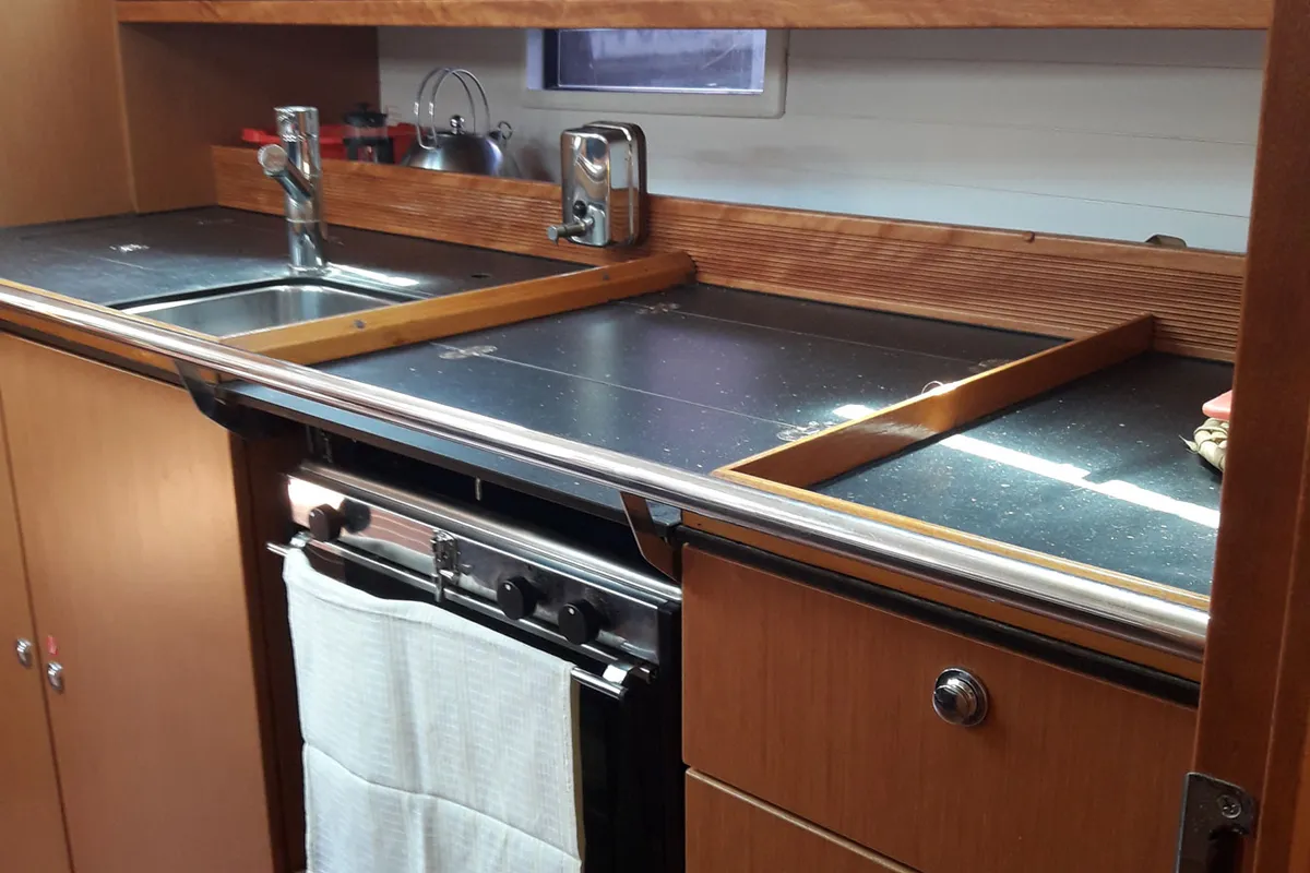 Galley of Canenas, a Bavaria 40 Cruiser S sailboat at Sami, Greece