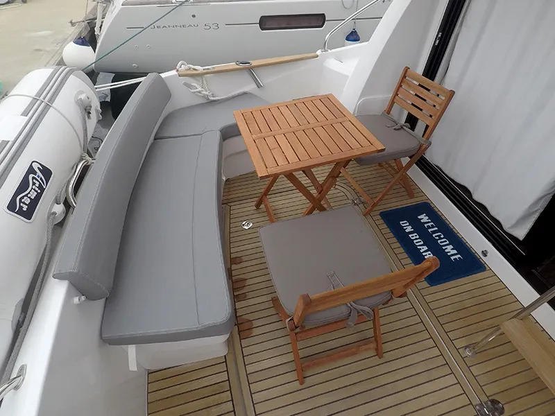 Deck of Mandalina II, a Beneteau Antares 36 motor yacht at Grad Šibenik, Croatia