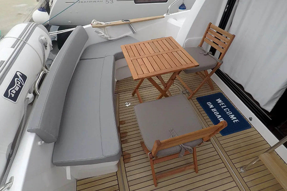 Deck of Mandalina II, a Beneteau Antares 36 motor yacht at Grad Šibenik, Croatia